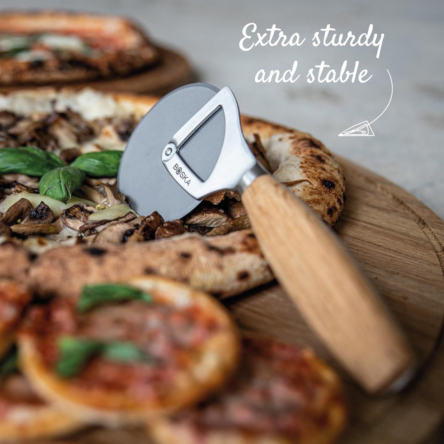 Boska Stainless Steel Pizza Cutter - Oslo Multifunctional Pizza Wheel Cutter - Handheld Food Slicer - Silver Non-Stick Roller - For Kitchen Cooking