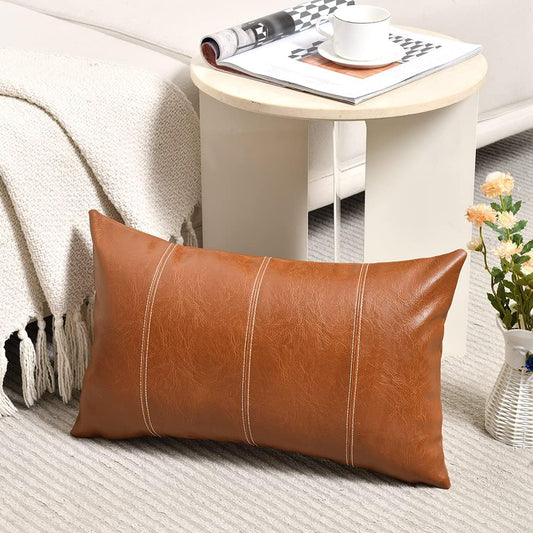 Fancy Homi Brown Boho Long Lumbar Faux Leather Decorative Throw Pillow Covers 14x24 Inch for Living Room Couch Bed Sofa, Hand Stitched Rectangle Cushion Case, Rustic Modern Farmhouse Home Decor