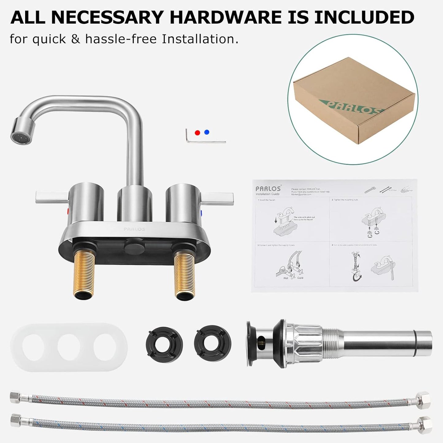 PARLOS 2 Handles Bathroom Faucet Brushed Nickel with Metal Pop-up Drain and Faucet Supply Lines, 1431602