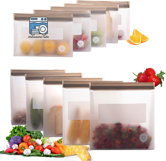 Reusable Silicone Food Storage Bags – 10-Pack Stand-Up, BPA-Free, Freezer, Dishwasher Safe & Eco-Friendly – 5 Gl, 5 L Bags – Airtight Leakproof Silicone Ziplock Bags for Kitchen Storage (Grey)