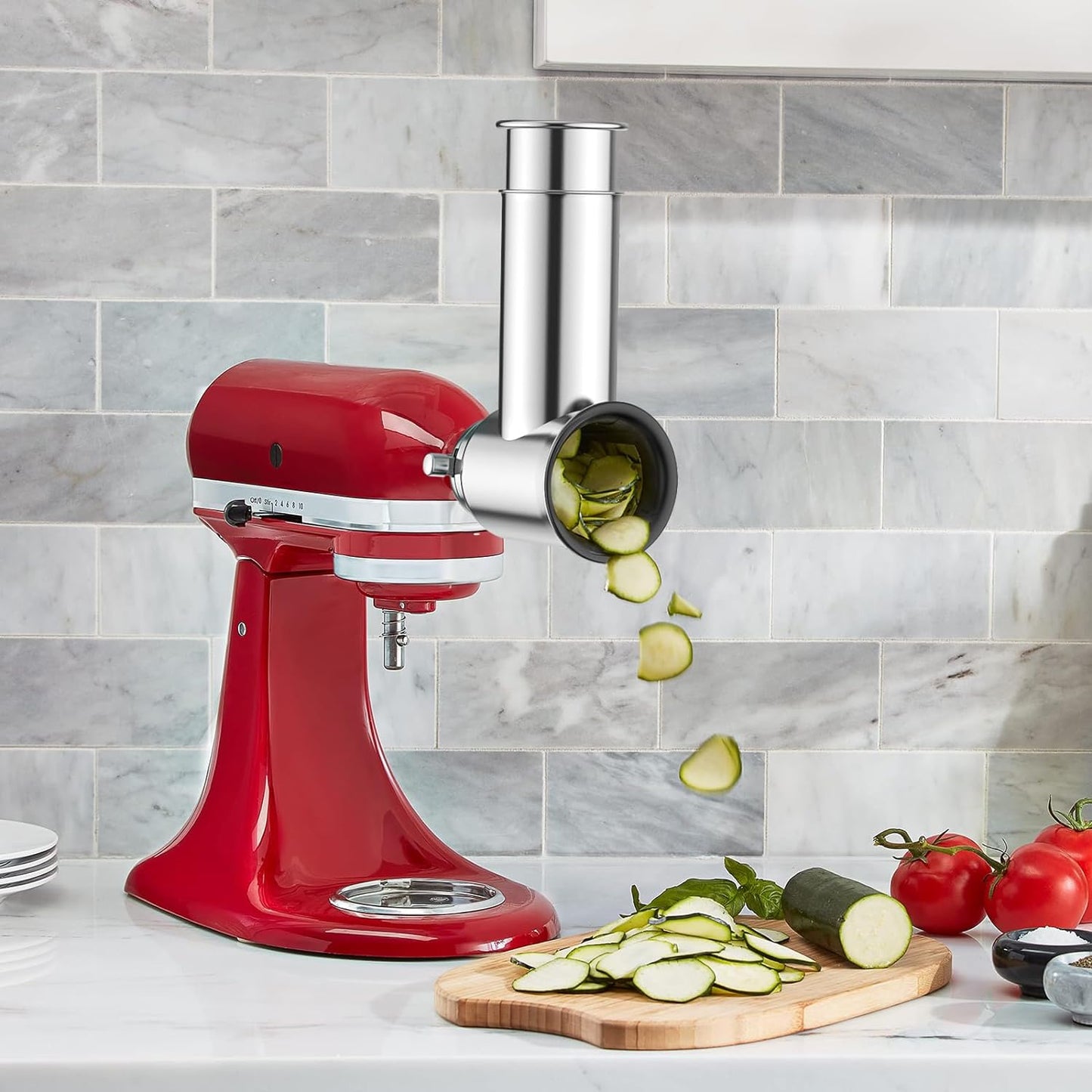 Stainless Steel Slicer Shredder Attachment for KitchenAid Stand Mixer, Cheese Grater Attachment for Kitchenaid, Salad Maker, Grinding Powder, Dishwasher Safe with 4 Blades by Innomoon