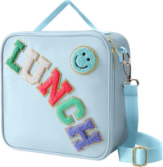 Insulated Lunch Bag With Adjustable Shoulder Strap, Nylon Preppy Lunch Box Large Insulated Lunch Bag Reusable Lunch Tote Bag with Smiley Preppy LunchBag for Girls School Travel Picnic (Blue)