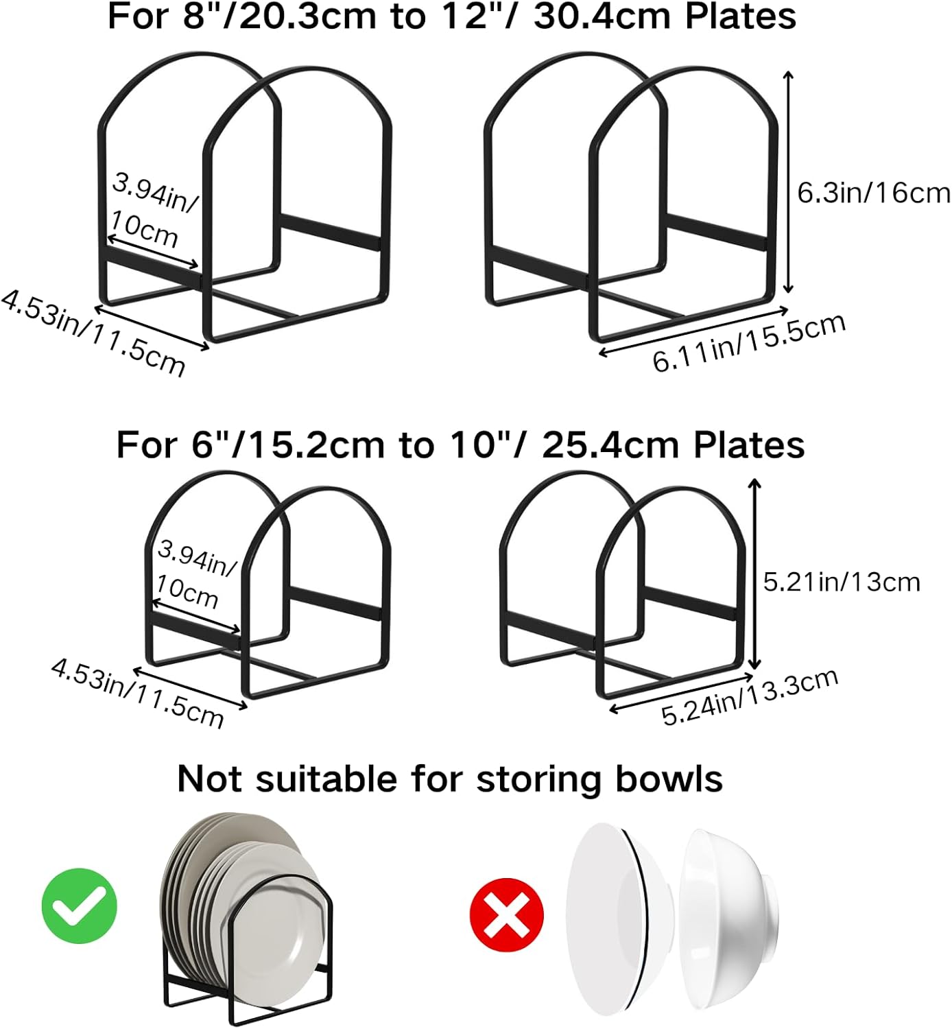 4 Pack Kitchen Plate Holder Organizer for Cabinet Space Saver Dinner Dish Plate Storage Rack Upright Dish Drying Racks Metal Dish Racks Stand for Cupboard and Countertop 2 Large 2 Small Black