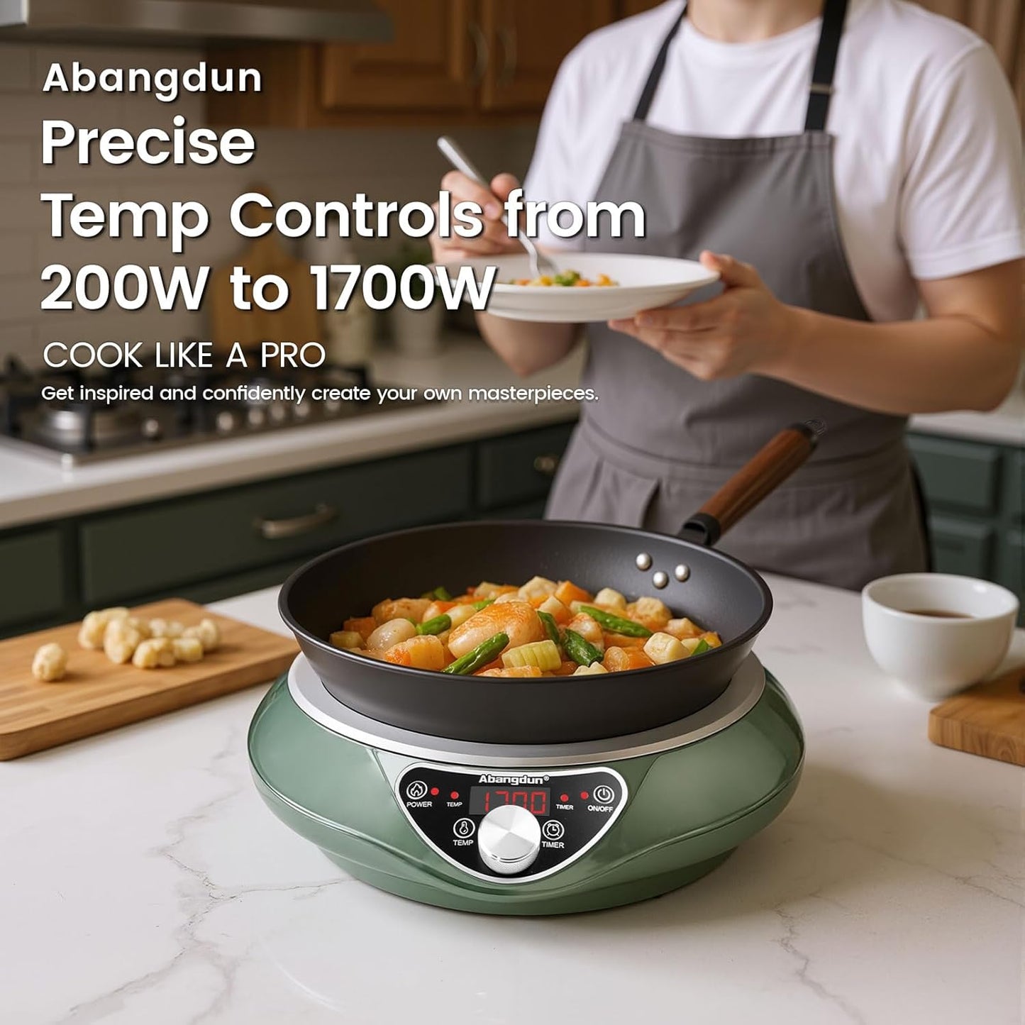 Induction Cooktop,1700W/85V~120V Induction Burner Portable Electric Wok,13-inch Carbon Steel Wok Included