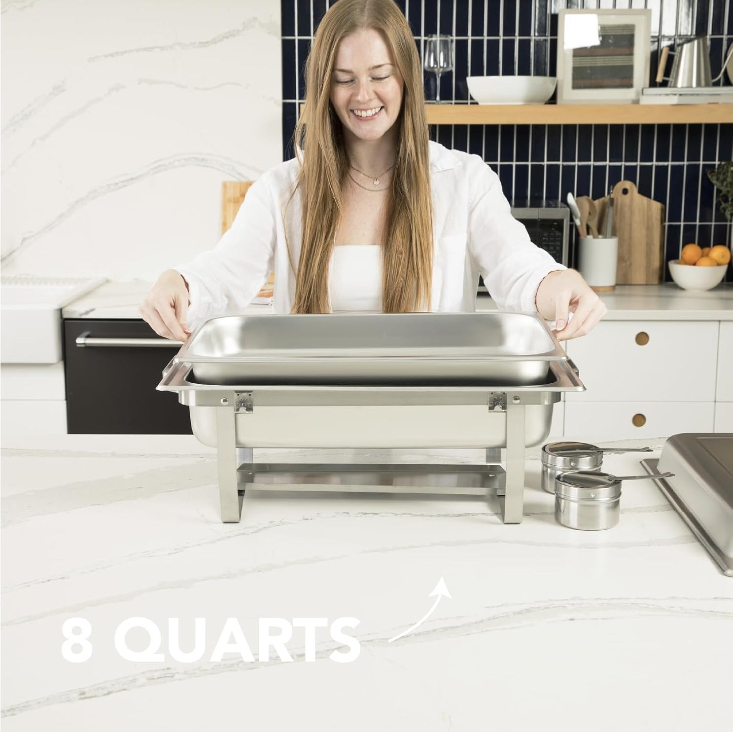 4 Pack Chafing Dish Full Set – Stainless Steel Catering Chafer with Lids, Pans & Fuel Holders – Buffet Food Warmers for Parties, Events & Weddings – Alpine Gray Handles