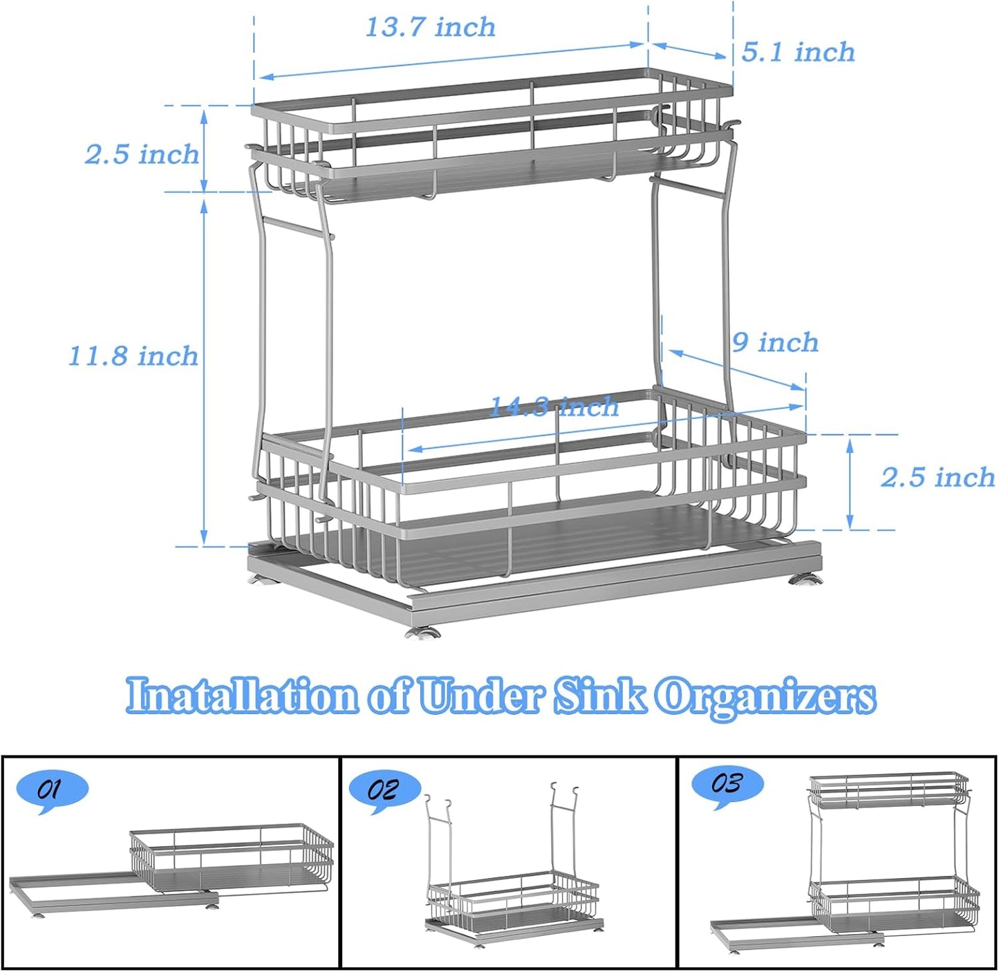 2 Pack Under Sink Organizers and Storage, 2 Tier Pull Out Cabinet Organizer, Metal Sliding Drawer Storage for Kitchen Bathroom，Gray