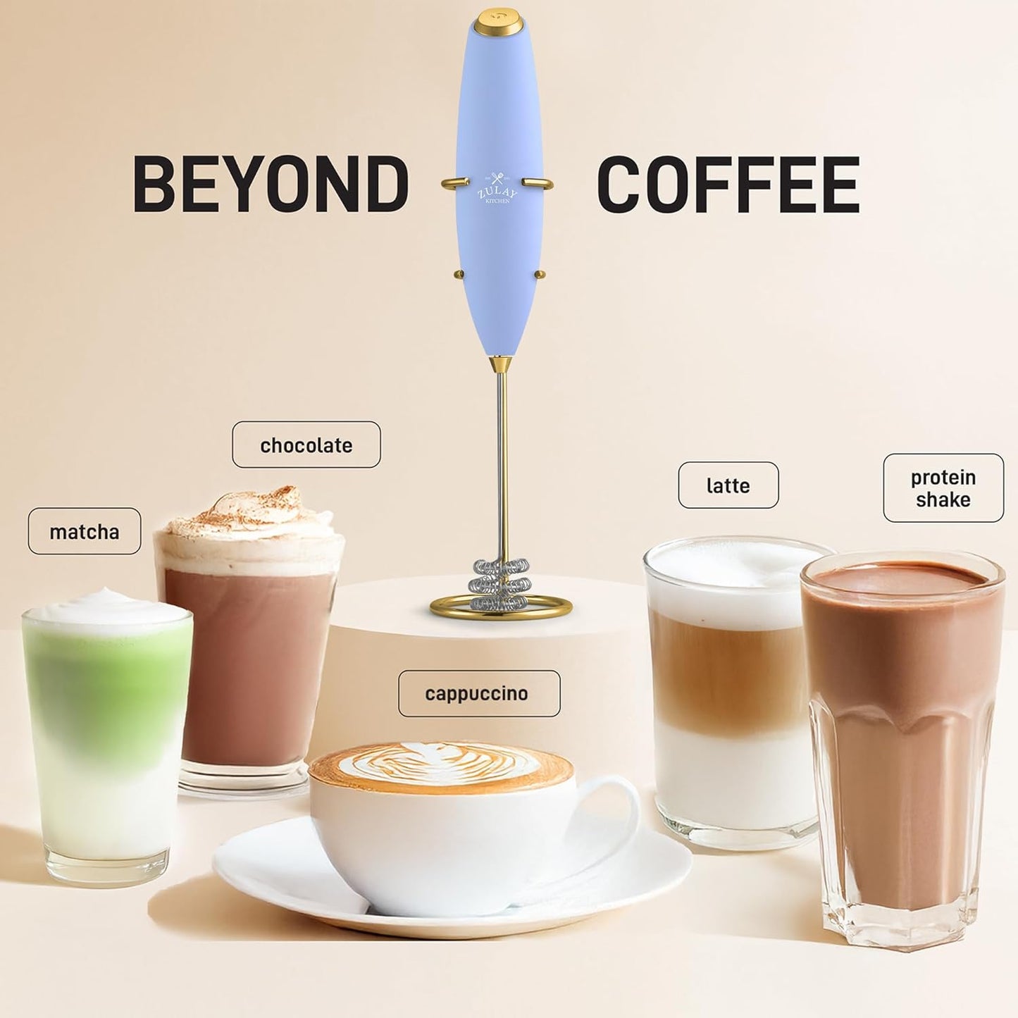 Zulay Kitchen Patented Tornado Triple Whisk Milk Frother with 4 Duracell Batteries – Handheld Foam Maker for Coffee, Lattes, Matcha & Hot Chocolate – Rich, Creamy Froth in Seconds