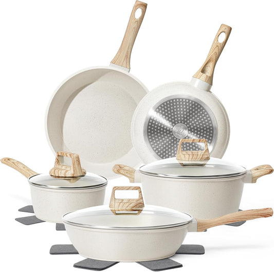 12 Pcs Pots and Pans Set Non Stick, Cookware Sets White Granite Induction Cookware, Non-toxic Healthy Nonstick Kitchen Cooking Set with Frying Pans Set, Saucepans (PFAS/PFOA/PFOS Free)