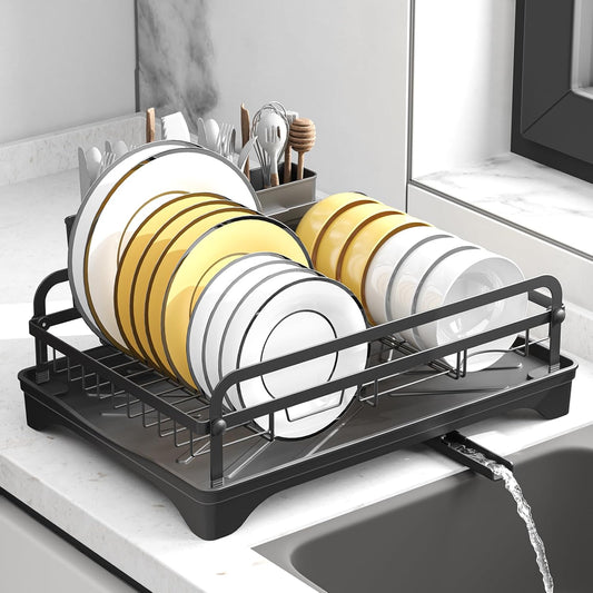 Dish Drying Rack for Kitchen Counter, Large Dish Drying Rack with Utensil Holder & Cutlery Tray, Dish Drainer with Drainboard, Black
