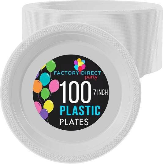 Exquisite Party Solids White Plastic Plates For Party 7" White Disposable Plates Heavy Duty Supplies 100 Pcs Plastic Dinnerware Sets Heavy Duty 350 GSM Disposable Dinnerware Set