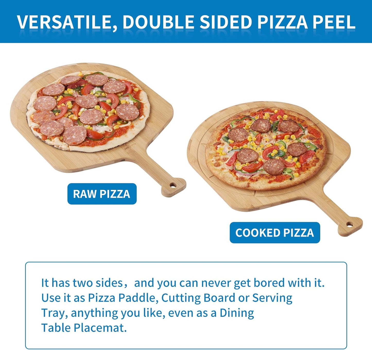 16' Bamboo Pizza Peel - Lightweight Smooth Wooden Paddle and Pizza Cutting Board with 8 Slice Grooves, Outdoor Oven Accessories, 23.6 x 16 Inch