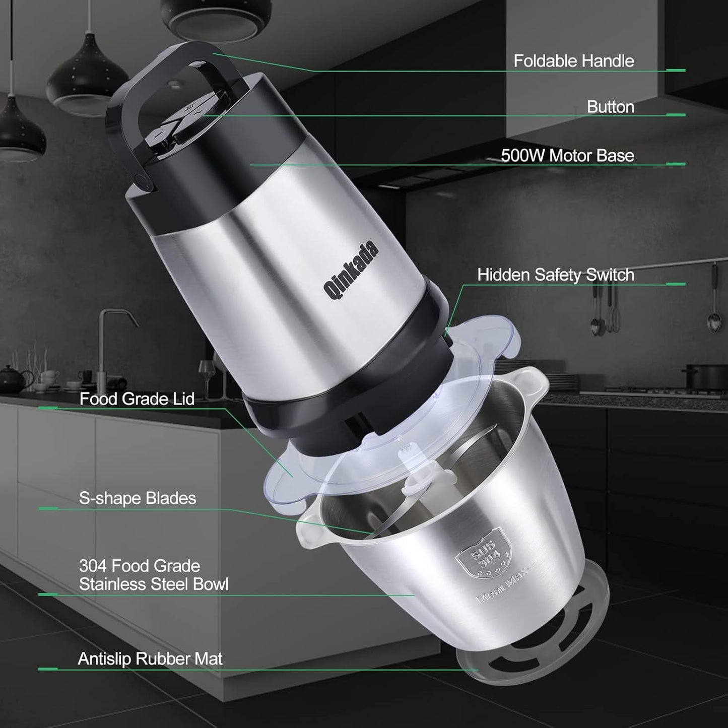 Food Processor, 500W Powerful Meat Grinder, 14Cup Stainless Steel Bowl, 3 Speed Modes 4 Bi-Level Blades for Onion, Meat, Nuts, Fruit, Garlic, Vegetable, Baby Food