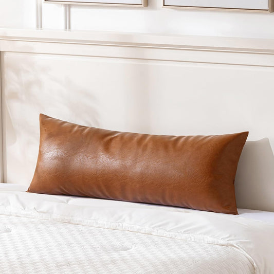 Fancy Homi Brown Boho Long Lumbar Faux Leather Body Decorative Throw Pillow Cover 14x36 Inch for Bedroom Couch Bed Bench, Thick Stylish Solid Rectangle Pillowcase, Rustic Modern Farmhouse Room Decor