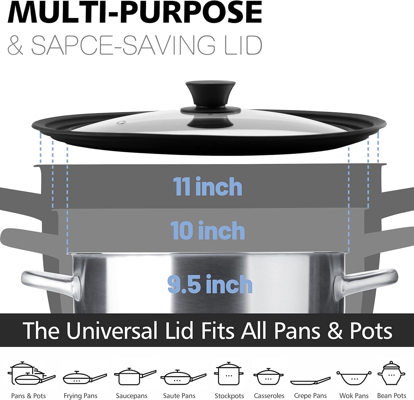 Anaeat Silicone Universal Lid for Pots, Pans and Skillets - Tempered Glass Covered with Heat Resistant Silicone Rim Fits 9.5", 10" and 11" Diameter Cookware -Easy to Use Replacement Frying Pan Cover