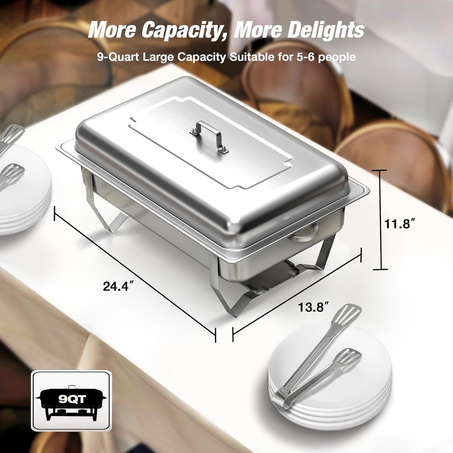 Chafing Dishes for Buffet (9QT, 4 Pack) - Easy Assembly, Food-Grade Stainless Steel Chafers for Catering w/Rolled Edge Design, Foldable Frame, for Party, Banquet (Full Size Food Pan)