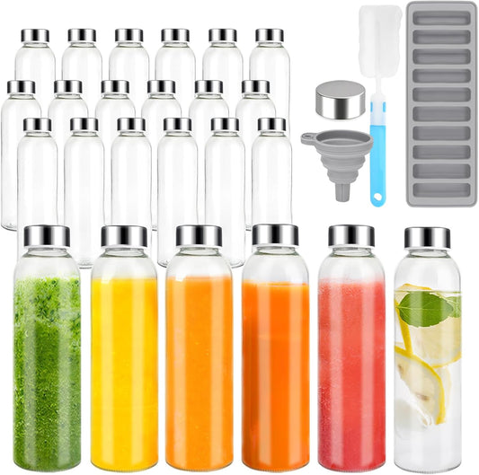 Zukro Glass Water Bottles with Lids 18 oz, 24 Pack Reusable Juice Bottles With Stainless Steel Airtight Cap for Juicing, Leak Proof Clear Drinking Jar Beverage storage container for Fridge, BPA Free
