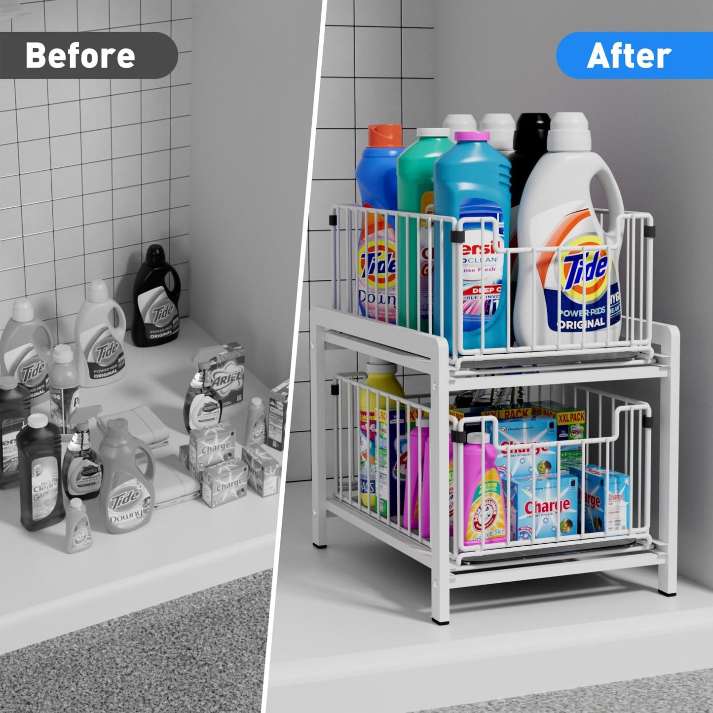 2 Tier Sliding Basket Drawer Organizer, Pull Out Under Sink Cabinets Organizers, Metal Home Shelf for Bathroom or Kitchen, Sliding Countertop or Pantry Storage Shelf, Large White
