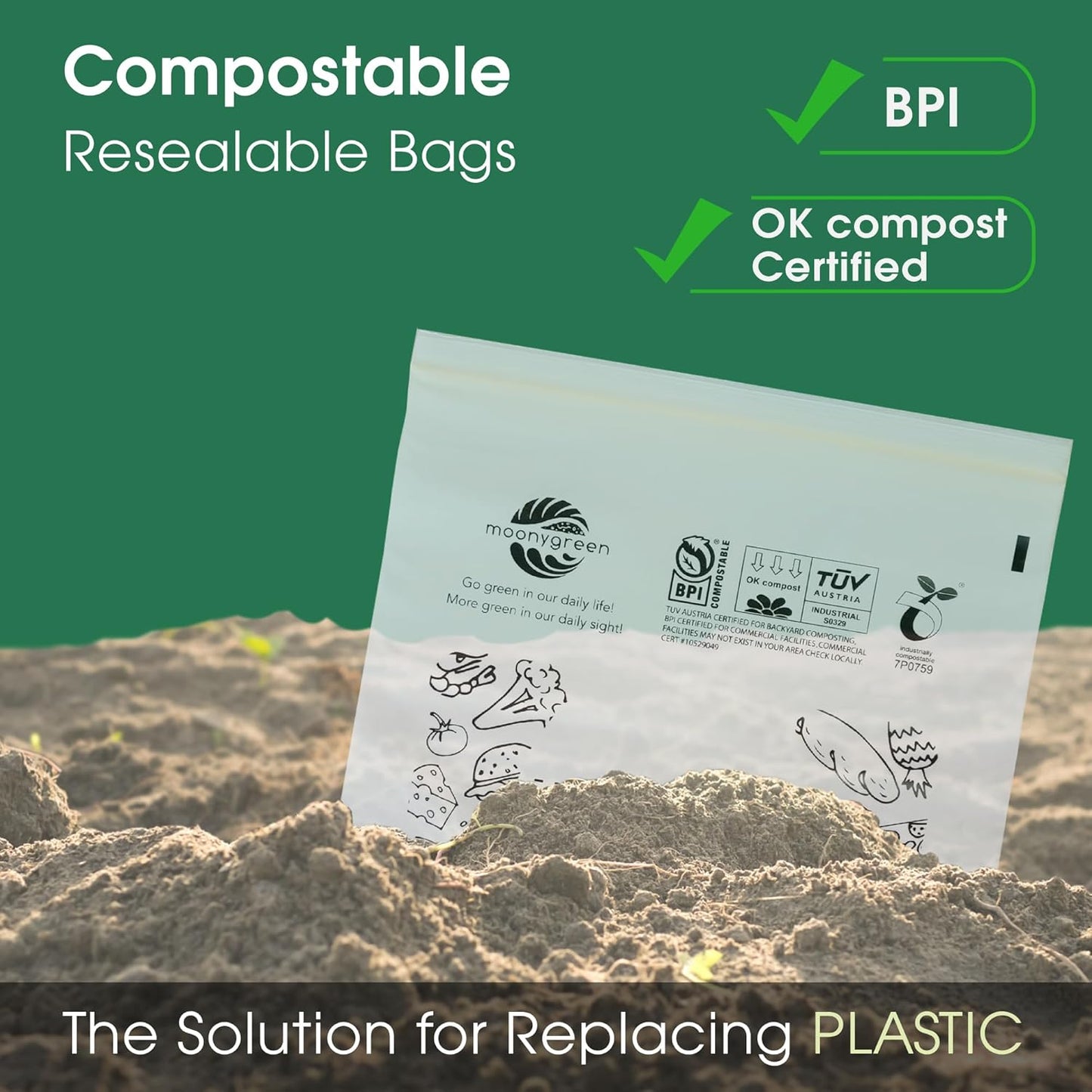 Compostable Food Storage Bags, Large Gallon Resealable Freezer Bags, 50 Count, 10.5 x 10.6 inches, Extra Thick, Certified US BPI ASTM D6400 Europe OK Compost