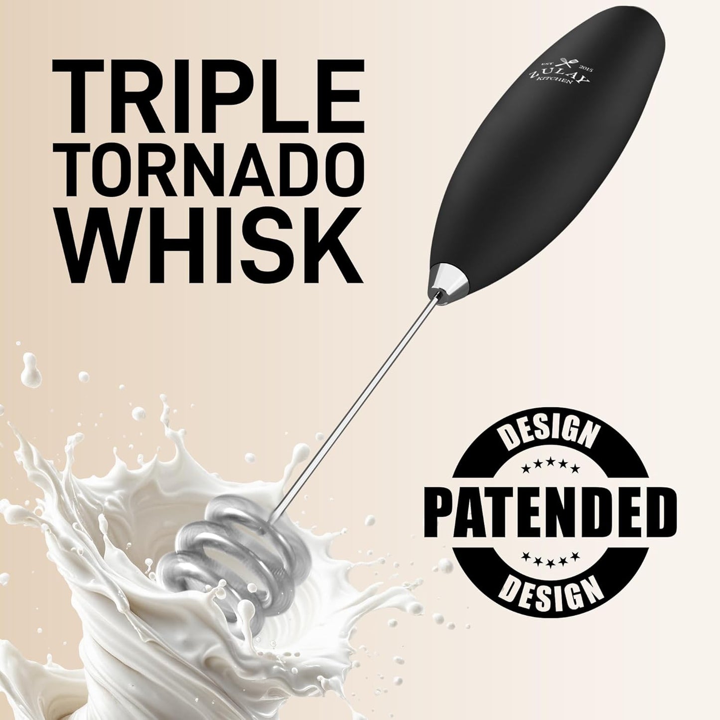 Zulay Kitchen Patented Tornado Triple Whisk Milk Frother with 2 Duracell Batteries – Handheld Foam Maker for Coffee, Lattes, Matcha & Hot Chocolate – Rich, Creamy Froth in Seconds