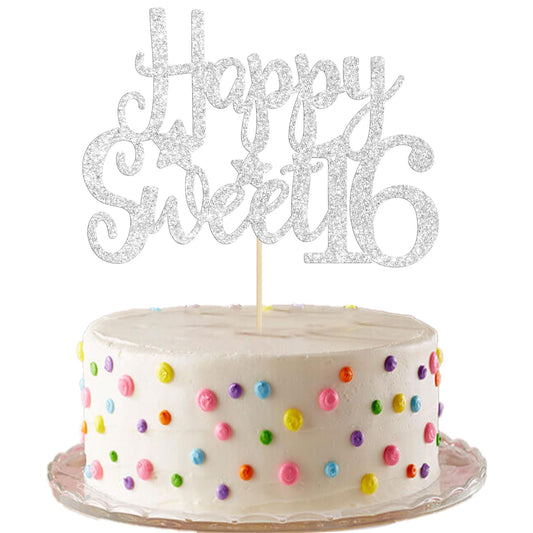 Gyufise 1Pc Happy Sweet 16 Cake Topper Sweet 16 Birthday Decorations Happy 16th Birthday Cake Decorations for Girls/Boys Silver Glitter