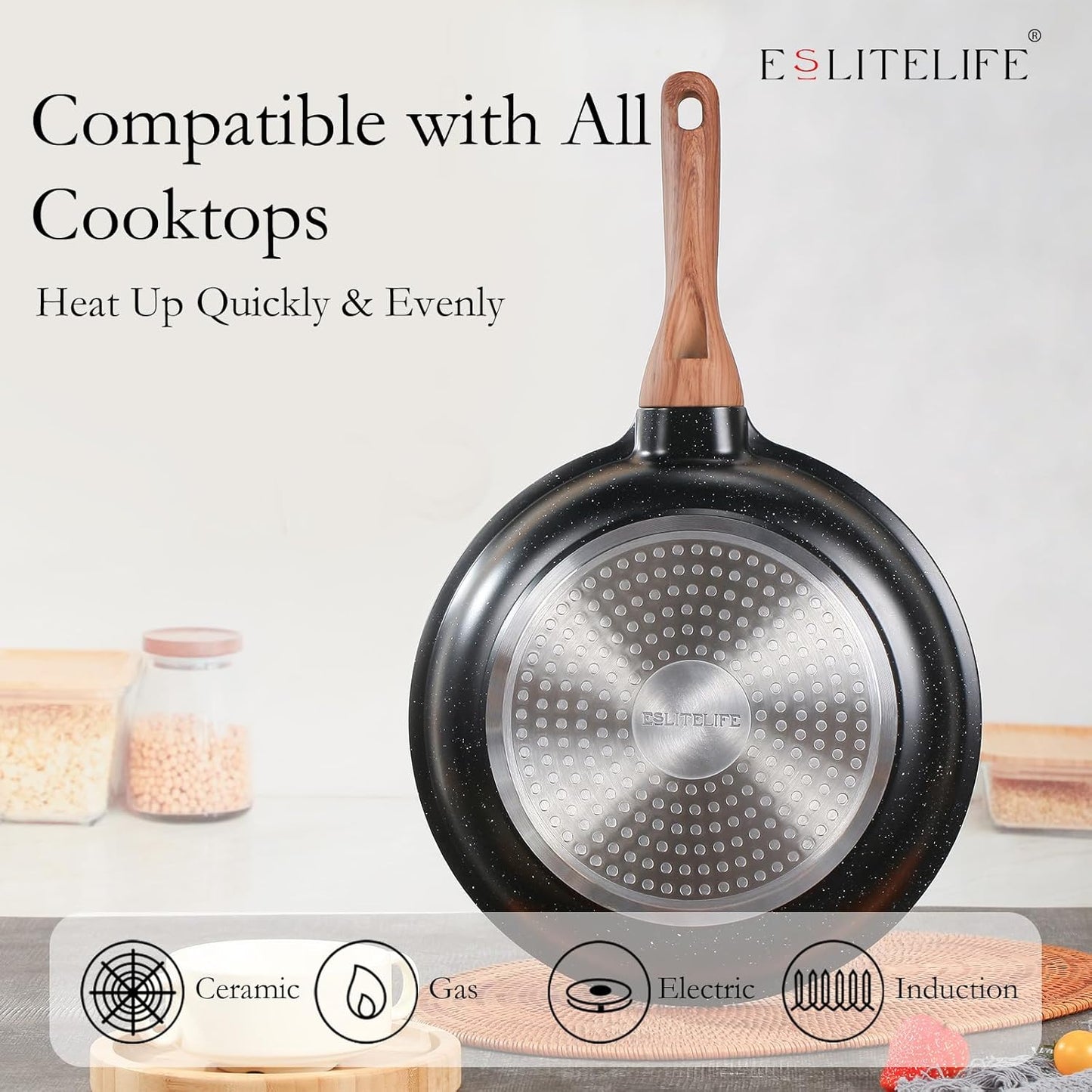 ESLITE LIFE Nonstick Ceramic Frying Pans Skillets Set, Non-Toxic Egg Omelette Kitchen Cooking Pans Compatible with All Stovetops (Gas, Electric & Induction), PTFE & PFOA Free (Black)