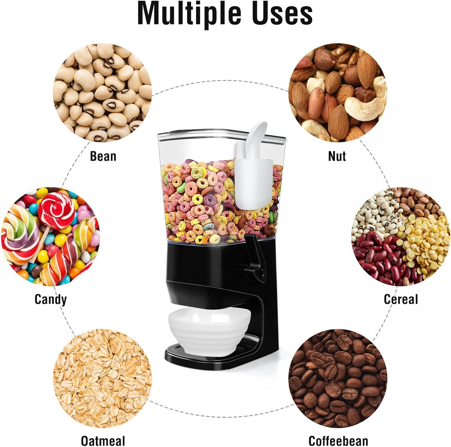 Cereal Dispenser Countertop Wath Bowls and Spoons Cereal Containers Storage for Pantry Snack Organizer Dry Food Storage Container with Lid for Kitchen Organization Oatmeal Nut Granol（Black 1 pack ）