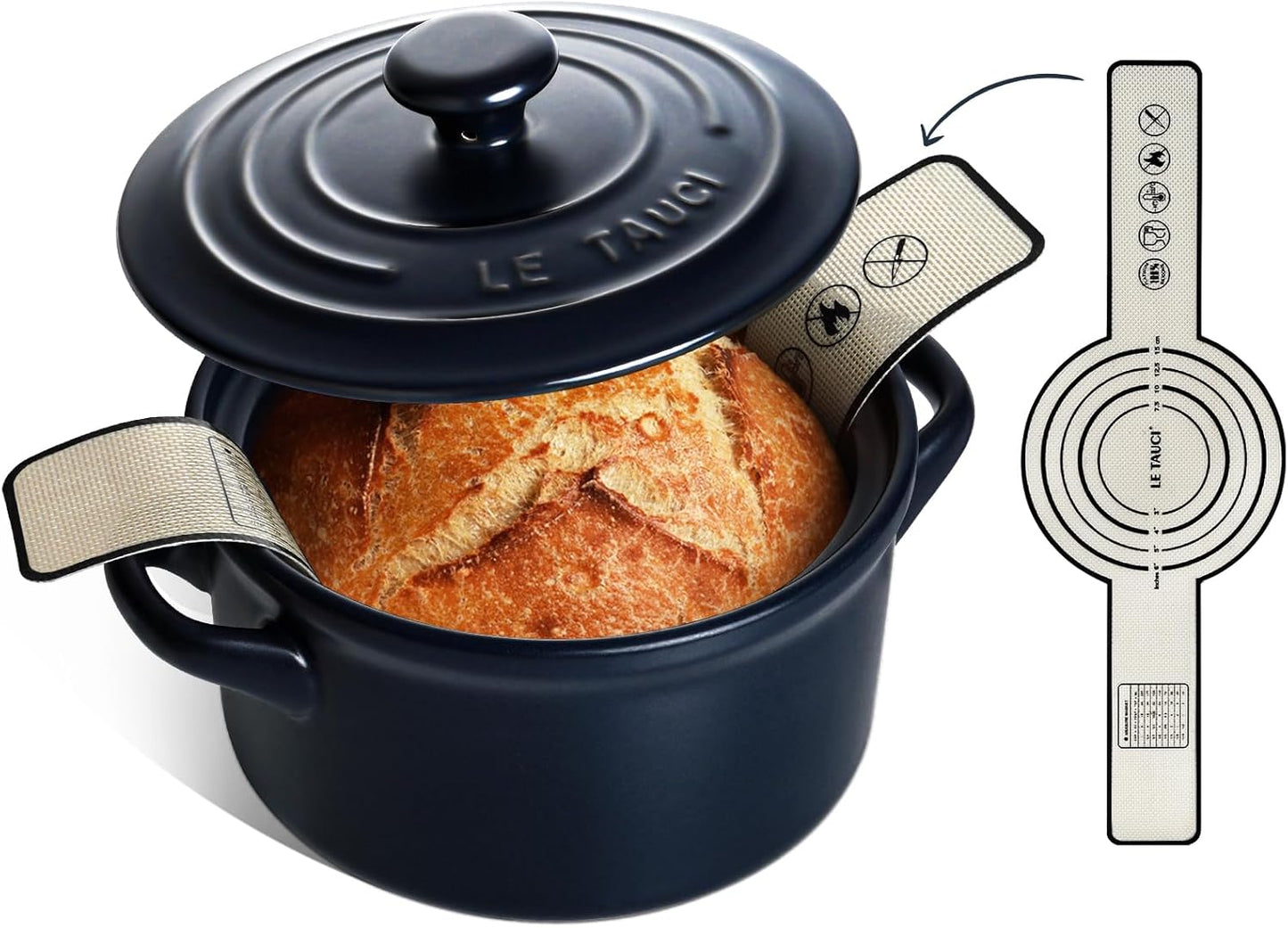 LE TAUCI 3 qt Ceramic Dutch Oven for Bread Baking with Silicone Sling- Lightweight, Non-Toxic, No Seasoning Needed- Oven, Microwave & Dishwasher Safe, Ideal for Home Bakers & Beginners, Midnight Blue