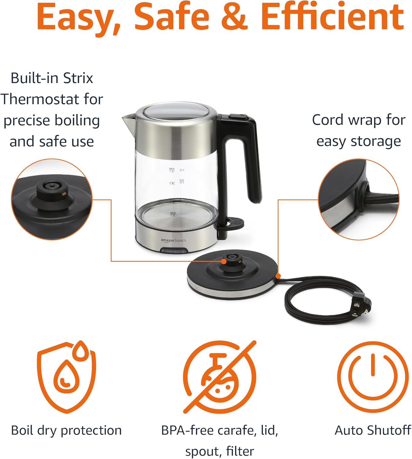 Amazon Basics Electric Kettle with Glass Carafe for Tea and Coffee, BPA-Free, Fast Boiling, Auto Shut-Off, 1 liter , 1500W, Glass and Steel