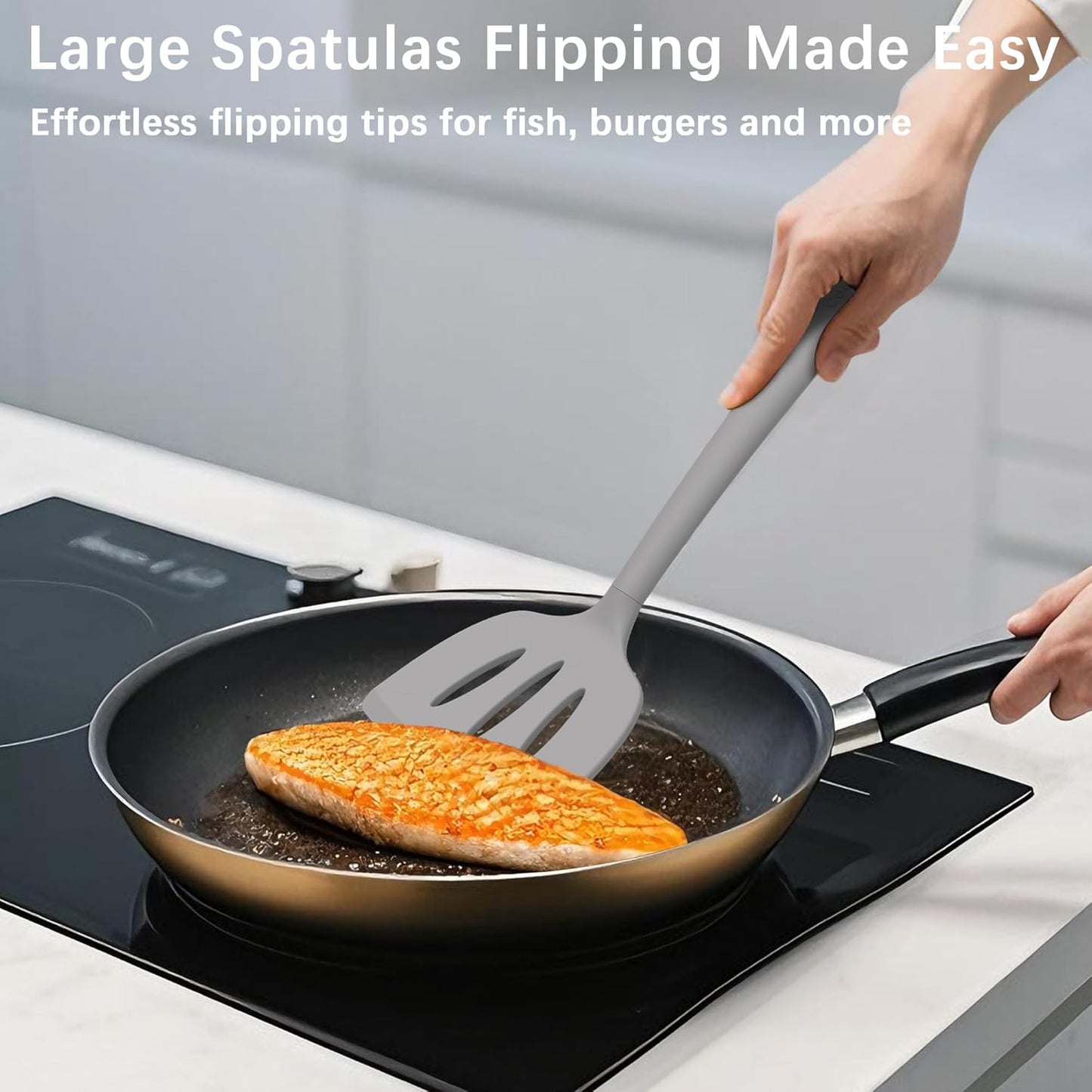 Coukre Silicone Spatula Set of 3, High Heat Resistant, BPA-Free, Kitchen Utensils, Fish Spatula, Solid & Slotted Turner for Non-Stick Pans, Flipping Eggs, Pancakes, Fish, Burgers (3, PureGray)