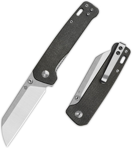 QSP Penguin V2 Folding Pocket Knife, 3.06" D2 Two Tone Finish Stonewash Satin Blade EDC Knife, Dark Brown Micarta Handle, Liner Lock, Ceramic Ball Bearings, Reversible SS Deep Carry Clip