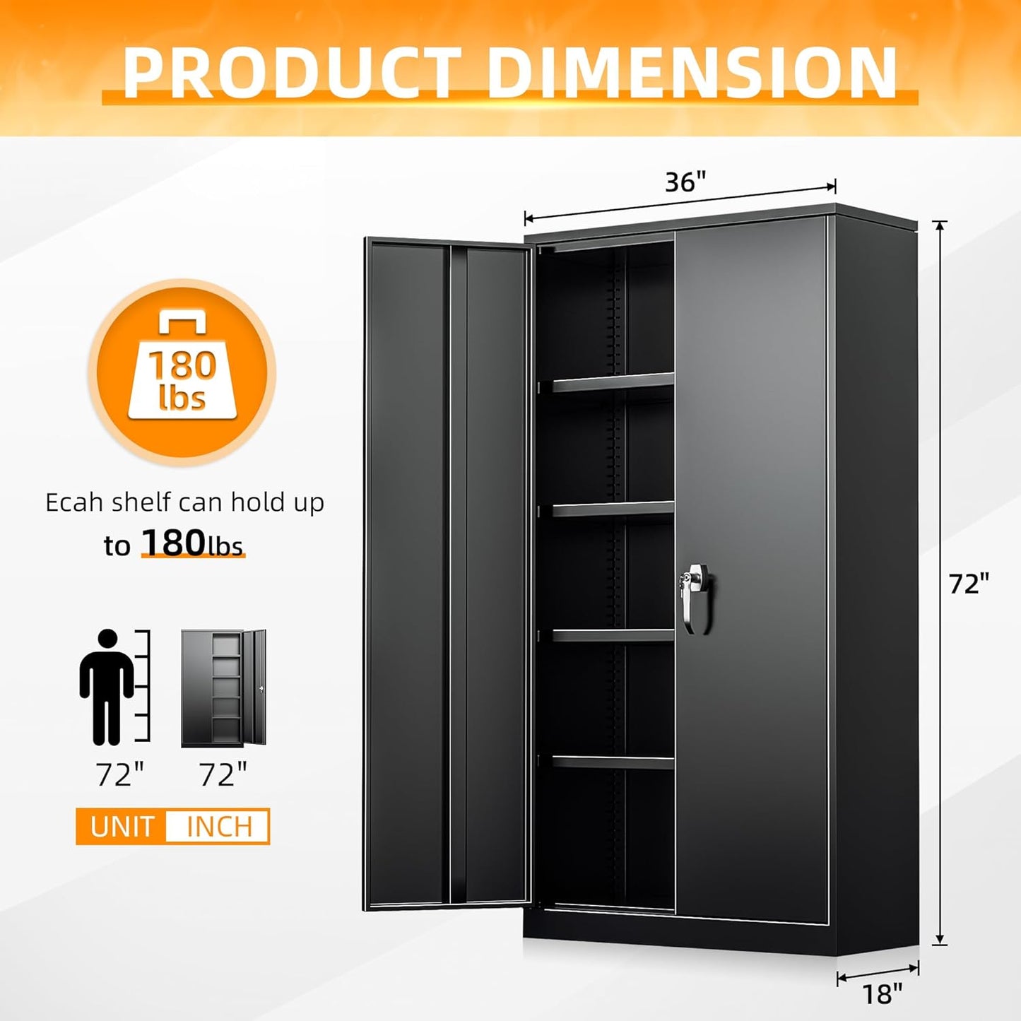 INTERGREAT Metal Storage Cabinets 72” Black Garage Steel Storage Cabinet with Doors and Shelves, Metal Tool Cabinet, Steel File Cabinet for Home Office, Basement, Warehouse, Classroom（Anti Tipping）