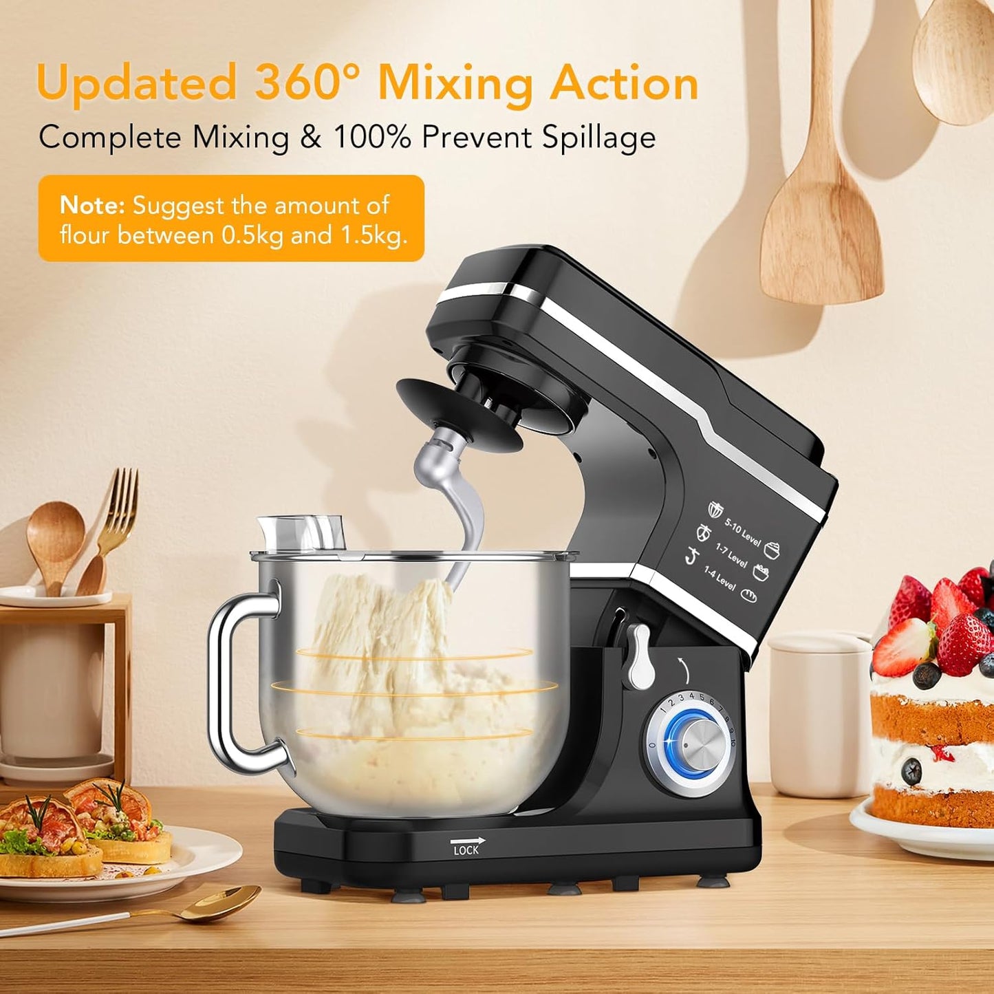 Garvee 7.5QT Stand Food Mixer, 10-Speed Tilt Head 3-IN-1 Kitchen Electric Mixer with Stainless Steel Bowl, Egg Whisk, Dough Hook, Beater, Splash Guard, Compact Dough Mixer for Home Cooks, Black
