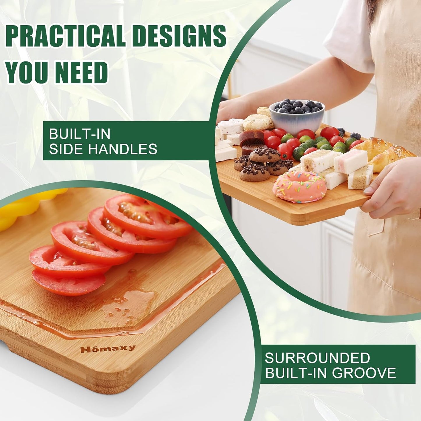 Homaxy Organic Bamboo Cutting Boards Set for Kitchen Set of 3, Wooden Cutting Board Set with Juice Groove and Handles, Charcuterie Serving Tray Wood Chopping Board Set for Meat Fruits & Vegetables