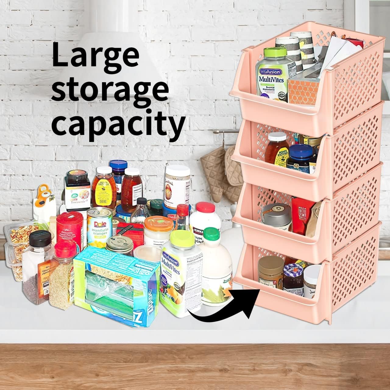 Skywin TidyFriend Stackable Storage Bins for Pantry, 4 Pack Stackable Bins For Organizing Food, Kitchen, and Bathroom Essentials (Cream)