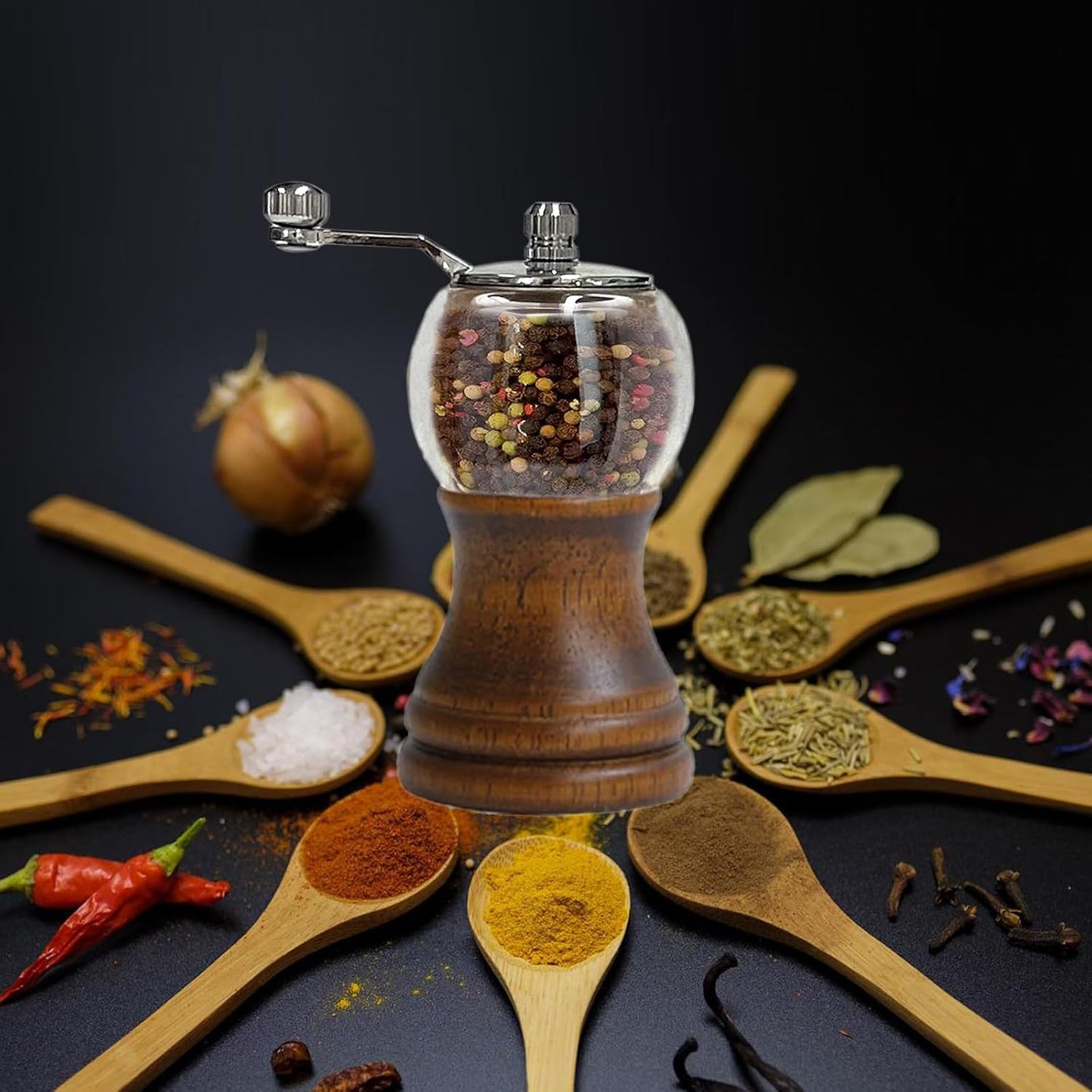 Pepper Mill Set，Manual Pepper Mills, Classical Roast Black Manual Pepper Grinder Set，Hand Shake Salt Mill，Retro Wood， Acrylic，Ceramic Blades,Enjoy Fresh Pepper Spices (Walnut color 2pcs-5in)
