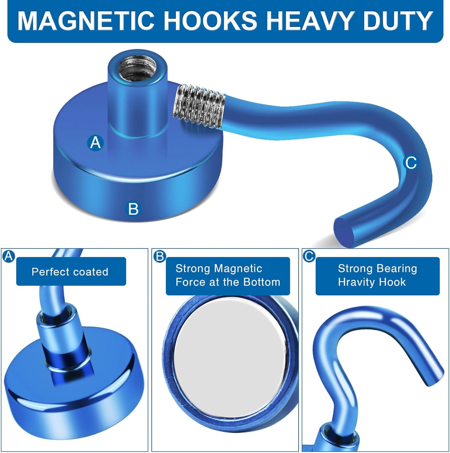 LOVIMAG Cruise Ship Essentials - 150Lbs Heavy Duty Magnetic Hooks, Blue, 12 Pack