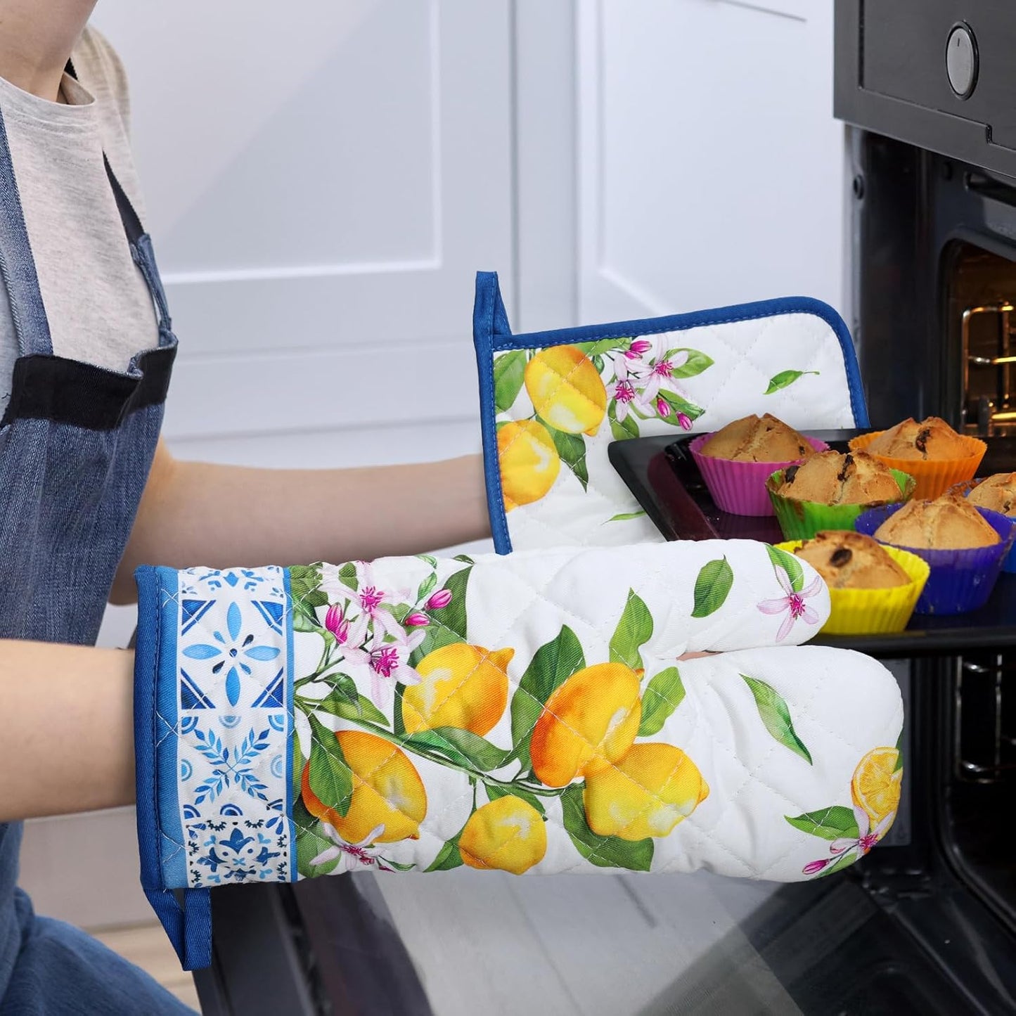 Summer Lemon Oven Mitts and Pot Holders Sets 4Pcs, 100% Cotton Heat Resistant, Extra Long Oven Gloves Potholder for Kitchen Cooking Baking Decoration