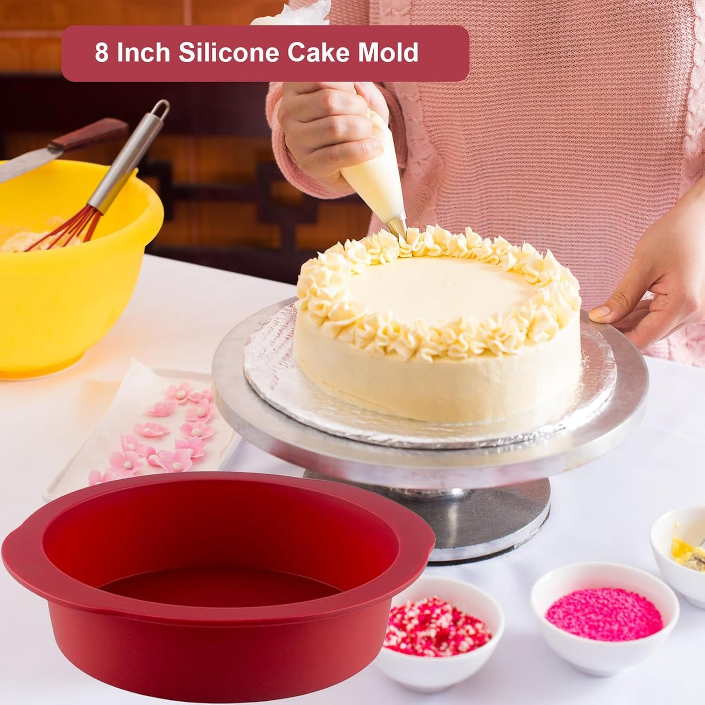 Nalchios 8 inch Silicone Round Cake Pans Set of 3, Non-stick Easy Releasing Mini Pans, Flexible BPA Free Silicone Baking Mold Pans for Layer, Mini, Pizza, Cheese, Chocolate Cake