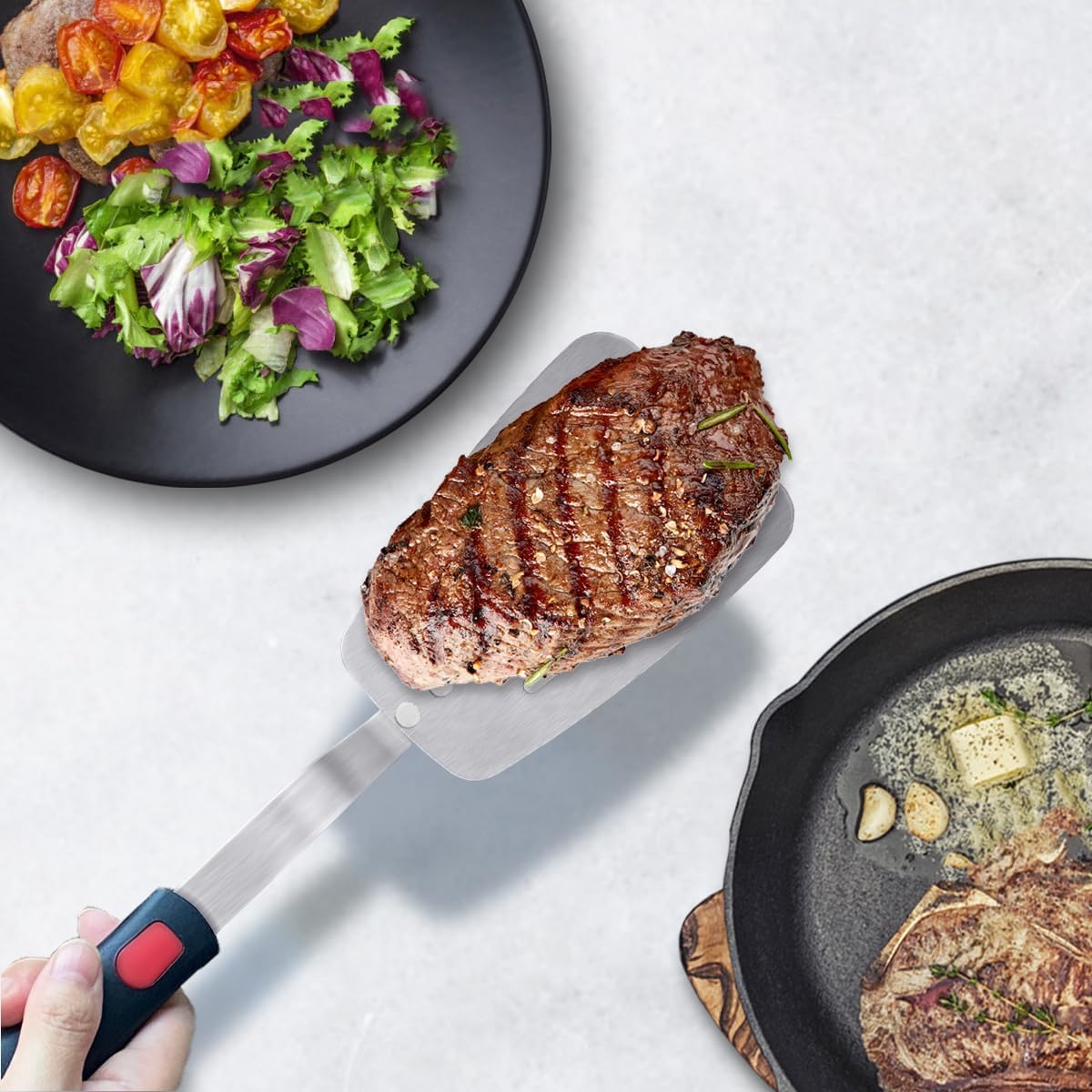 Stainless Steel Flexible Spatula Slotted Turner, XiaoZu Thin Metal Spatula for Cast Iron Skillet, Thin Blade and Heat Resistant Silicone Handle, Great for Egg, Cookie, Meat, Crep, Medium + Large