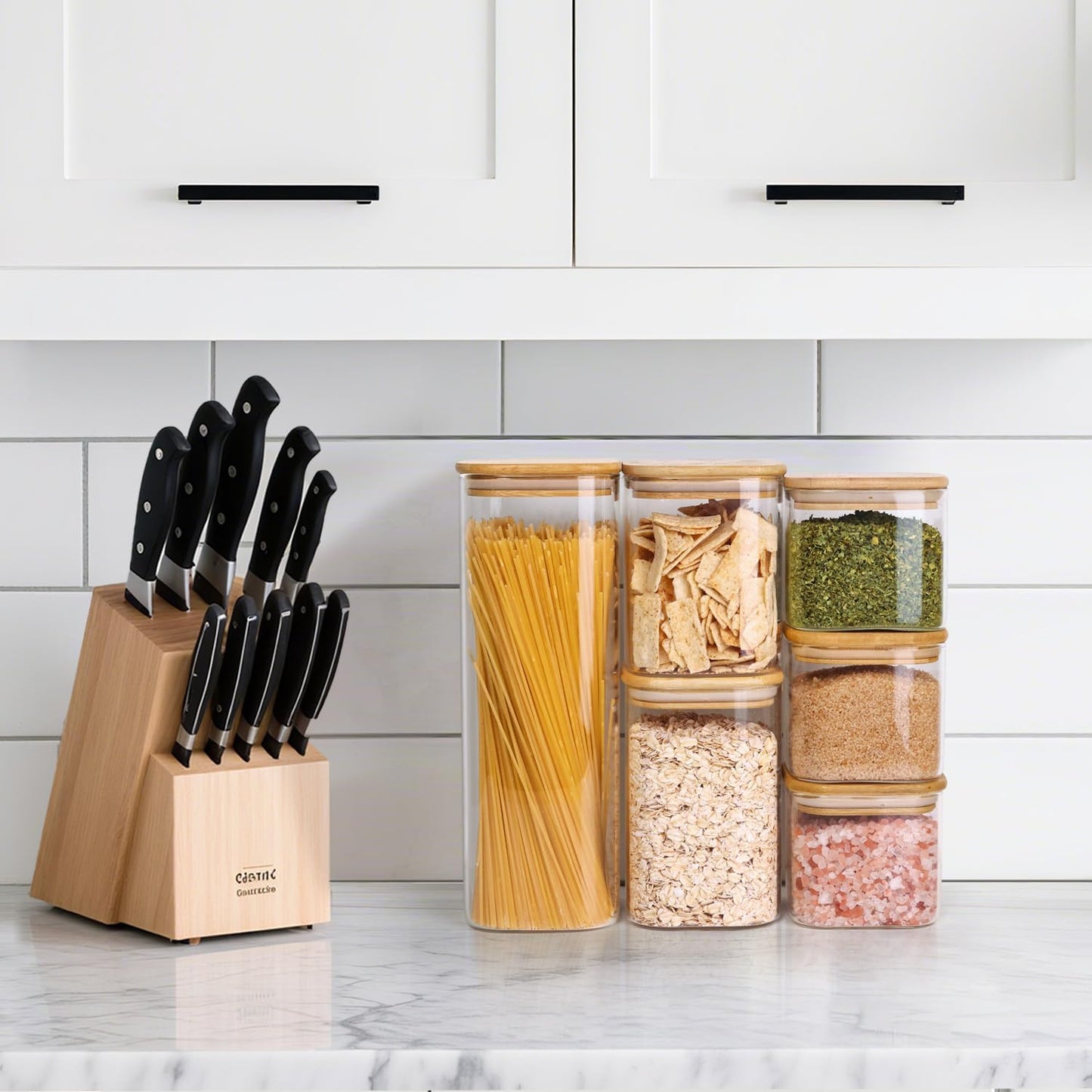 ComSaf Food Storage Containers with Airtight Lids Set of 6, Clear Glass Canister Food Jar with Sealing Lid Kitchen Pantry Storage Container for Spaghetti Pasta Sugar Flour Oat Cereal Beans, Square
