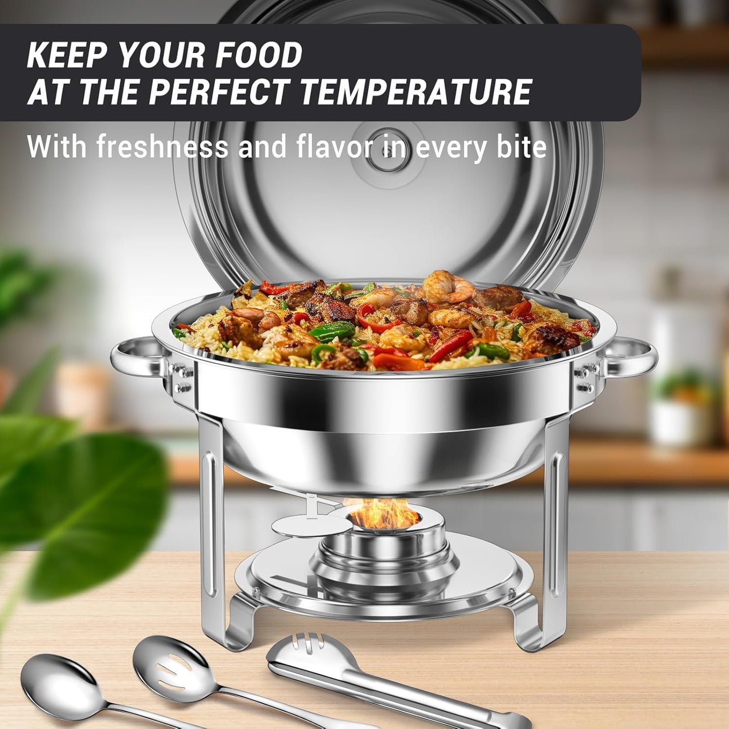 Round Chafing Dishes for Buffet 5 Qt,High Grade Chafing Dish Buffet Set with Stainless Steel Lid & Lid Holder,Full Size Pan,Food Warmers for Parties,Buffet,Wedding, Birthday 4 Pack (Silver)
