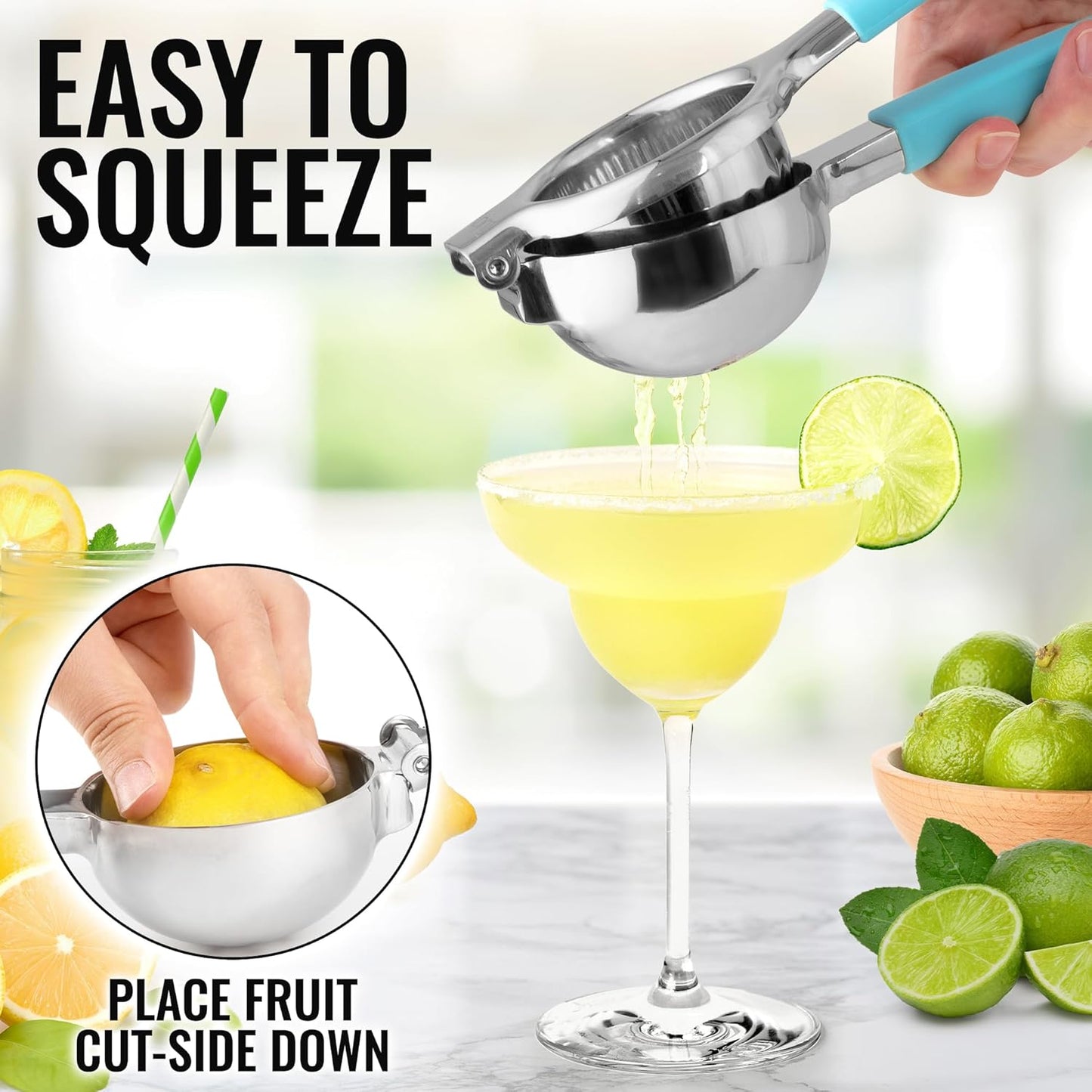 Zulay Lemon Squeezer Stainless Steel with Premium Heavy Duty Solid Metal Squeezer Bowl and Food Grade Silicone Handles - Large Manual Citrus Press Juicer and Lime Squeezer Stainless Steel (Blue)