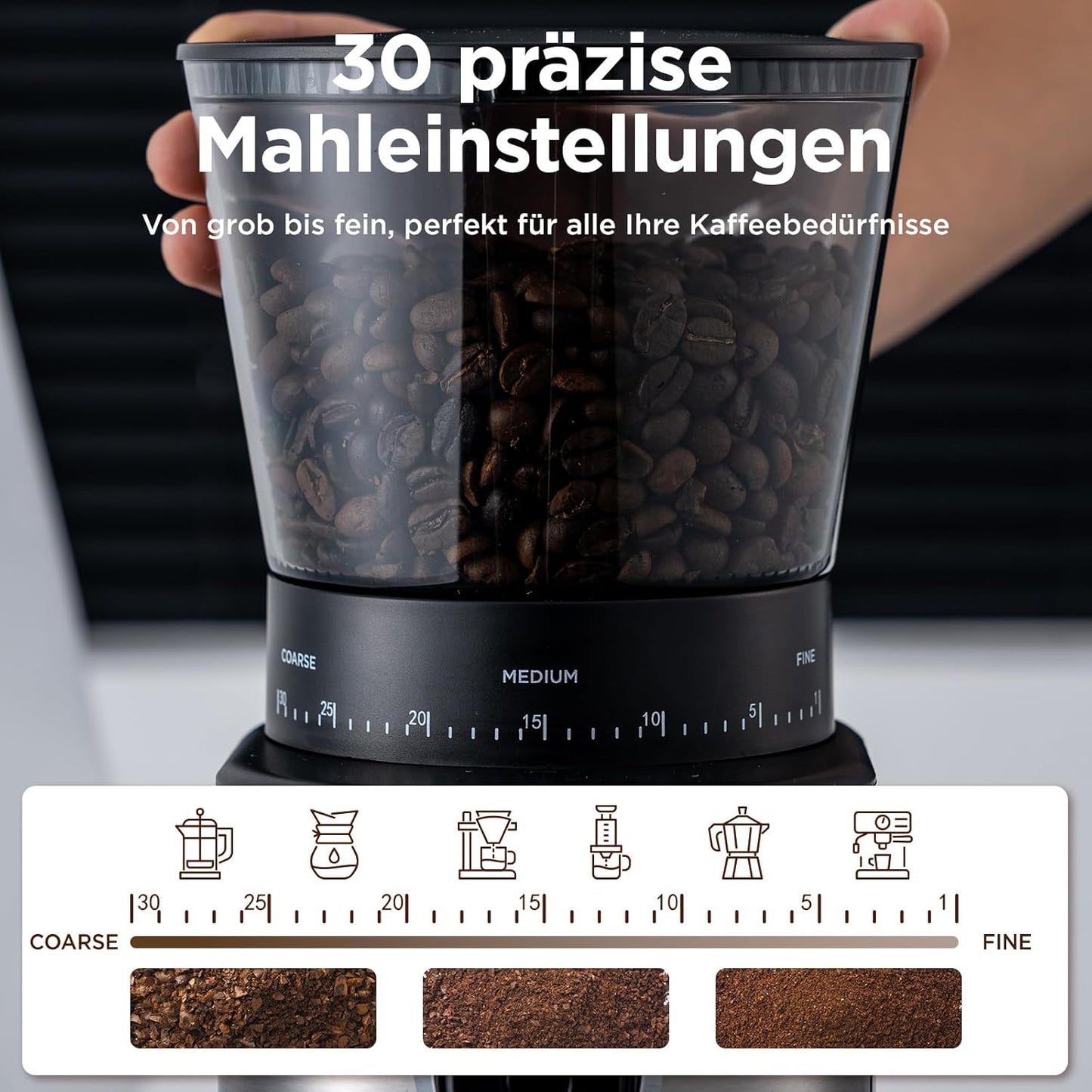 Burr Coffee Grinder, Electric Conical Coffee Bean Grinder With 30 Adjustable Grind Settings For 2-12 Cups, Sliver & Black