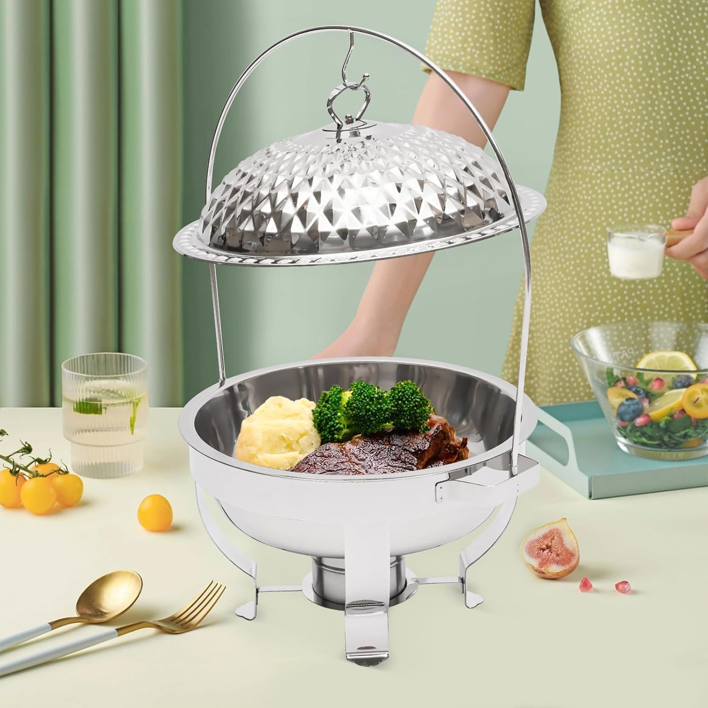 Chafing Dish Buffet Set Silver Accent, 4.5L Round Stainless Steel Chafer, Upgraded Buffet Servers and Warmers Set Warming Tray for Wedding, Parties, Banquet and Events (Silver)