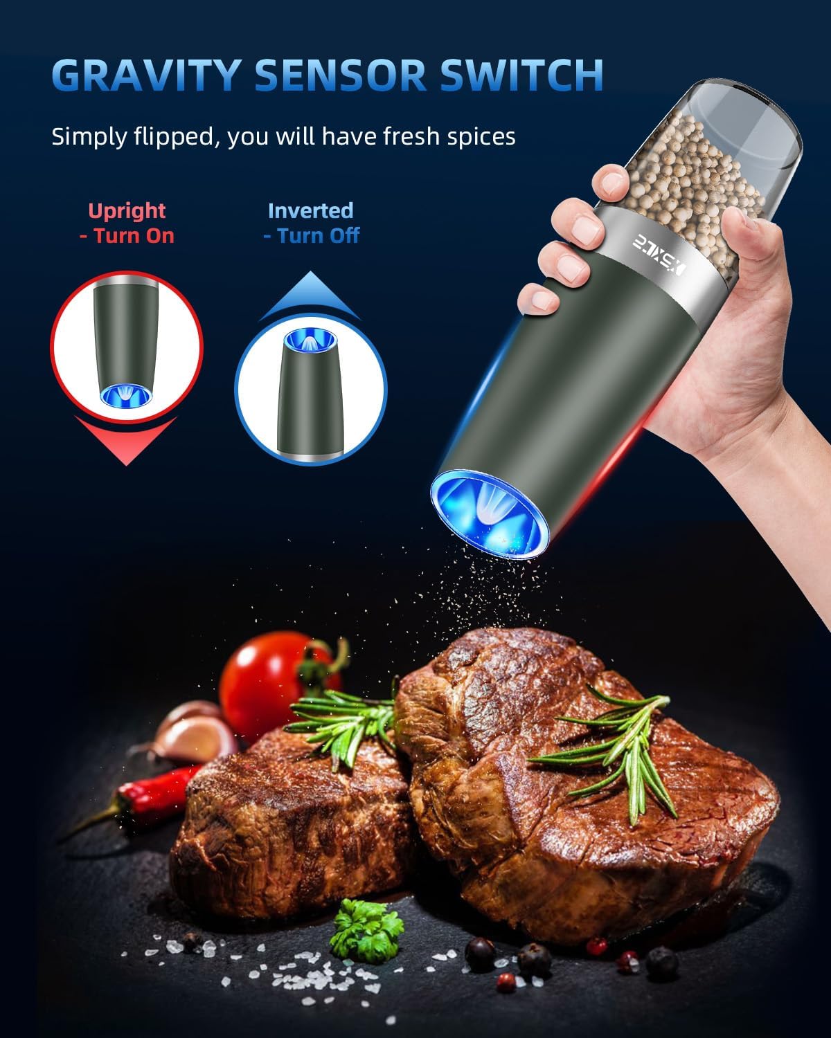 XinXu Gravity Electric Pepper and Salt Grinder Set, Adjustable Coarseness, Battery Powered with LED Light, One Hand Automatic Operation, Dark Green - 2 Pack