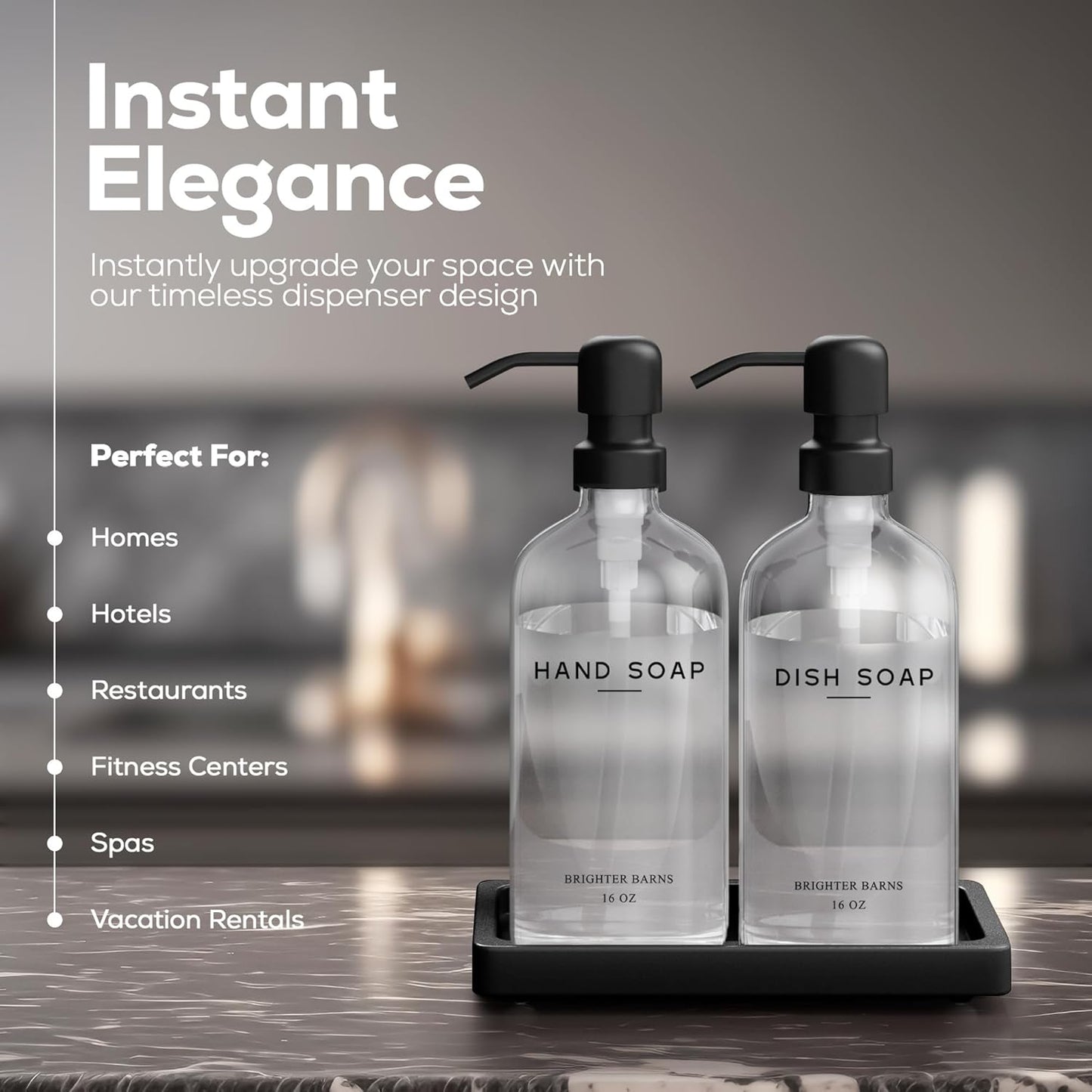 Glass Hand and Dish Soap Dispenser Set by Brighter Barns - Kitchen Soap Dispenser Set with Tray, Stainless Steel Pump - Glass Bottles for Sink - Black Kitchen Accessories for Home, Hotel, Gift (Clear)