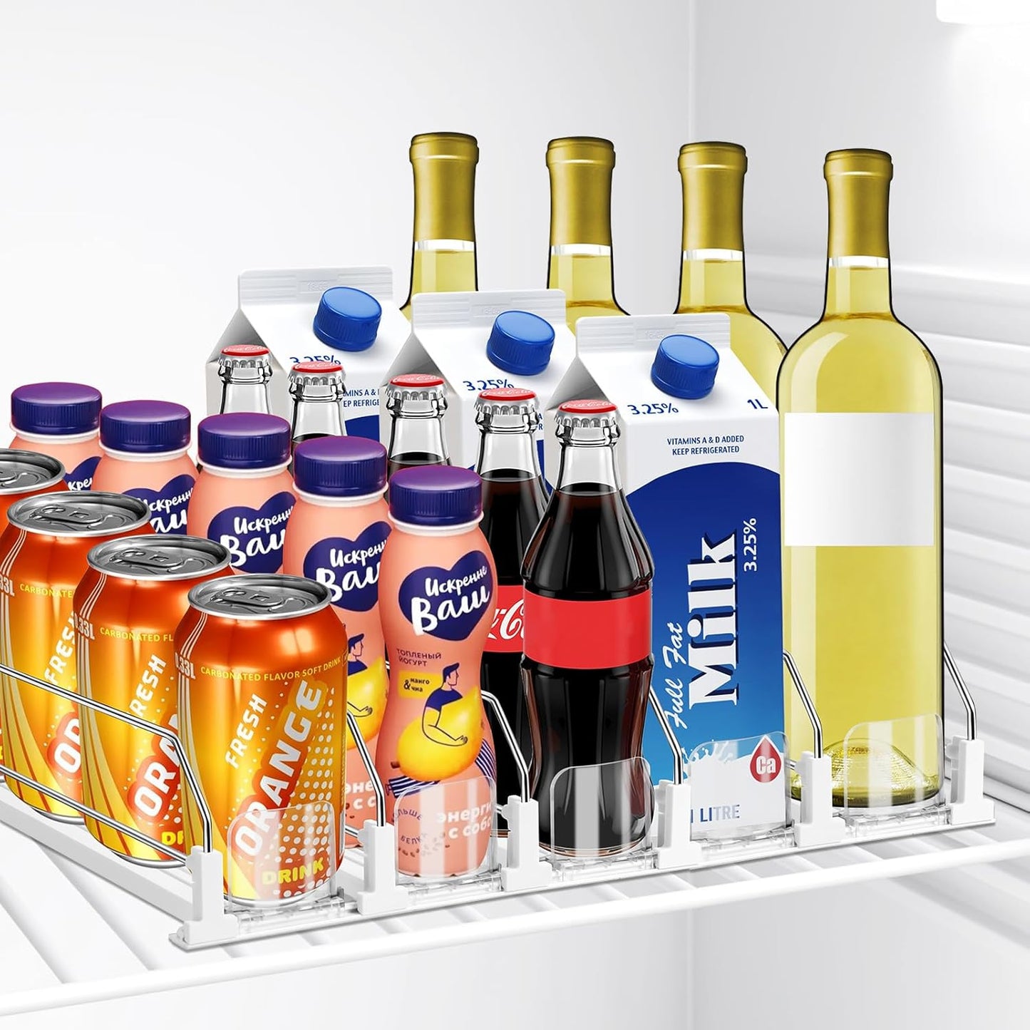 Drink Organizer for Fridge, 5 Row Automatic Pusher Glide, Adjustable Width Soda Can Dispenser for Refrigerator-Holds up to 25 Cans