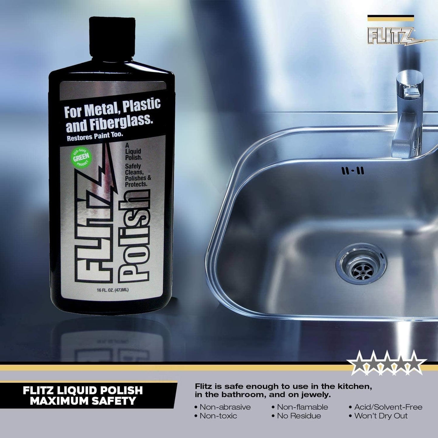 Flitz Multi Purpose Metal Polish Liquid - 16oz Bottle of USA-Made Tarnish Remover - For Aluminum, Chrome, Brass, Nickel, Silver - Non-Abrasive Metal Cleaner and Polish, Restorer (6 Pack)
