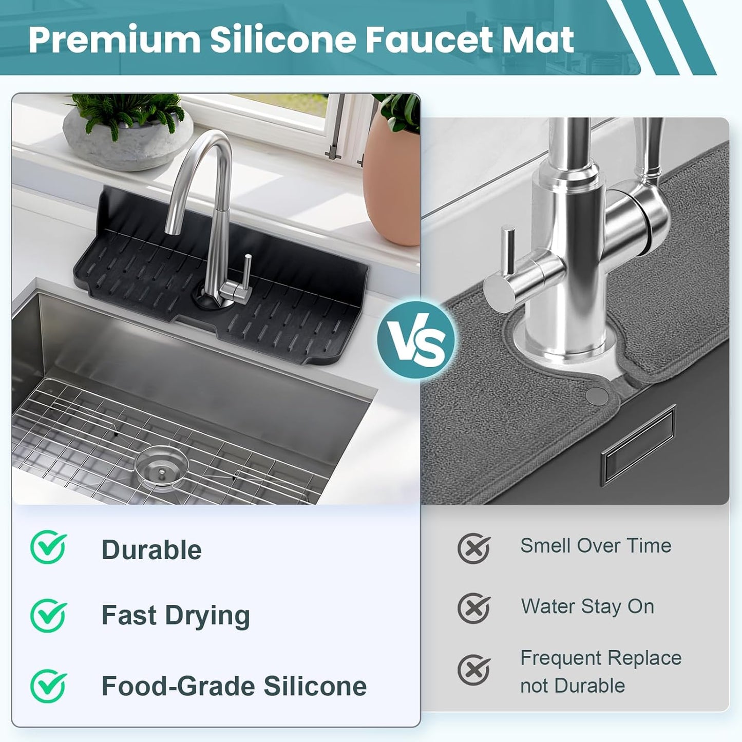 Silicone Kitchen Sink auto Drain Organizer, Kitchen countertop and Sink Splash Guard.Kitchen Sponge Rack and organizing Shelf，Suitable for Cleaning Tools, dispensers, Bottles, Cups (Gray)
