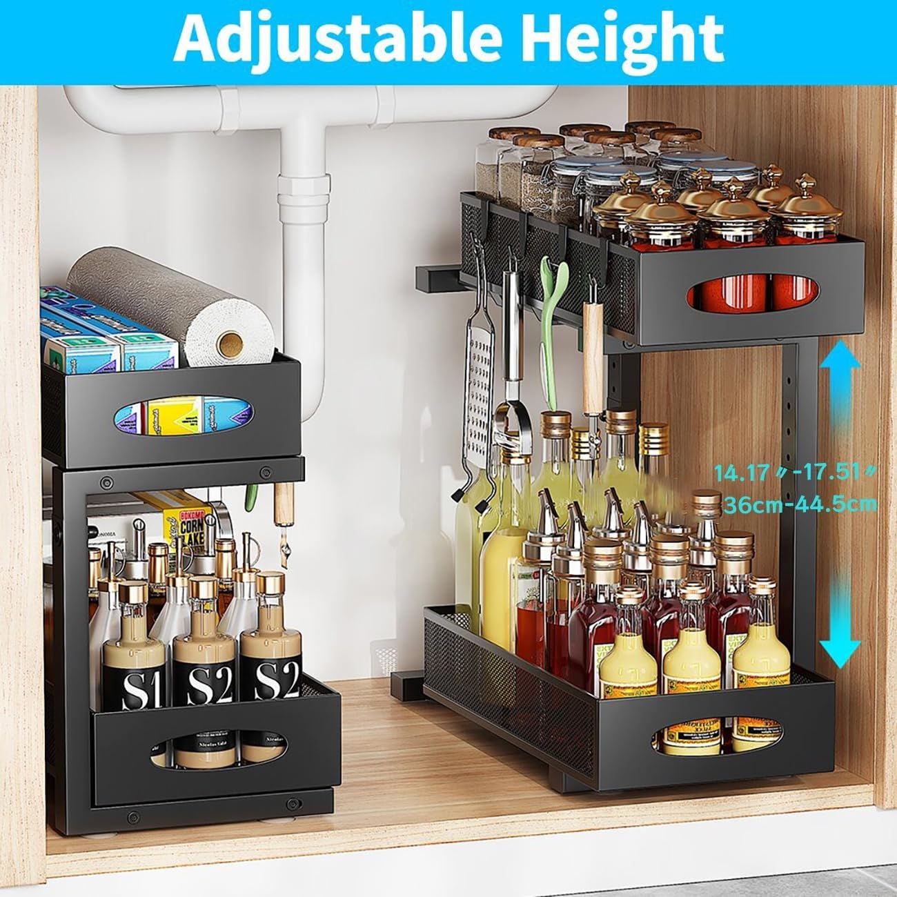 2-Tier Under Sink Organizer with Pull-Out Mesh Drawers, Adjustable Height Cabinet Storage for Kitchen/Bathroom/Laundry, Space-Saving Sliding Shelves (Black)